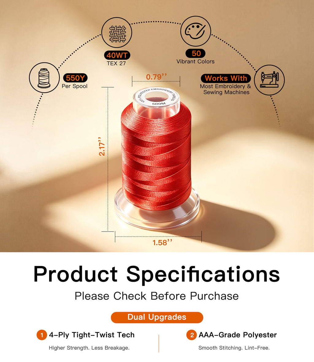 LIUHG AAA-Grade Polyester Embroidery Thread Set - 50 Colors, 550 Yds Each (Lint-Free)