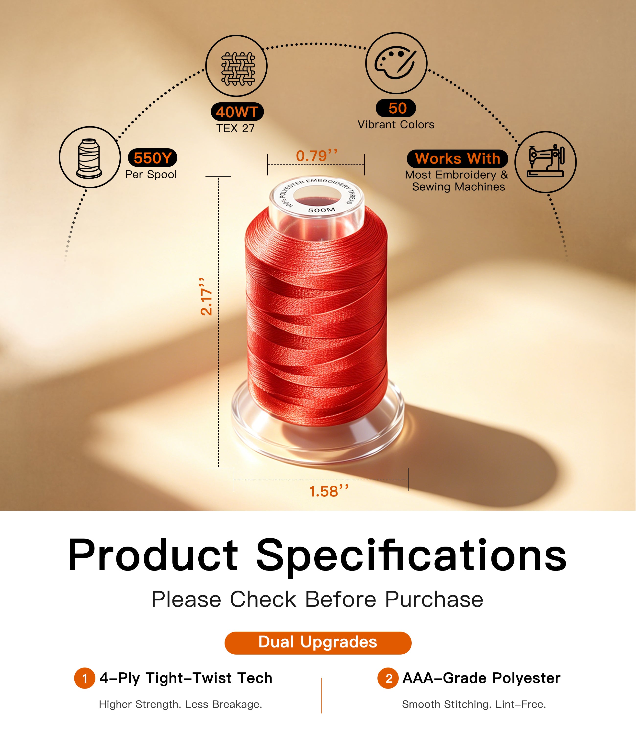 LIUHG AAA-Grade Polyester Embroidery Thread Set - 50 Colors, 550 Yds Each (Lint-Free)
