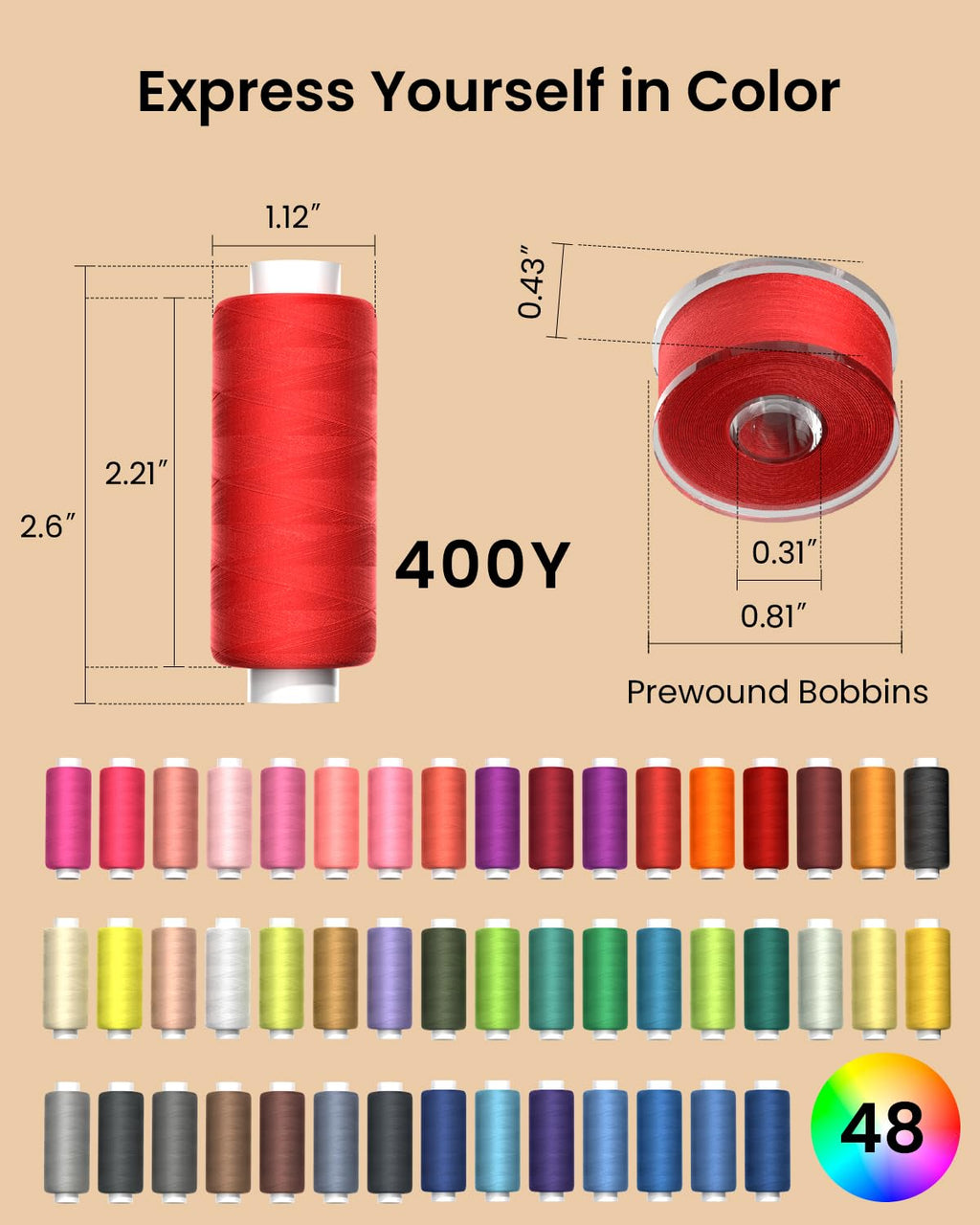 LIUHG Professional Sewing Thread Kit - 48 Colors, 400 Yards Each (96 Pcs)